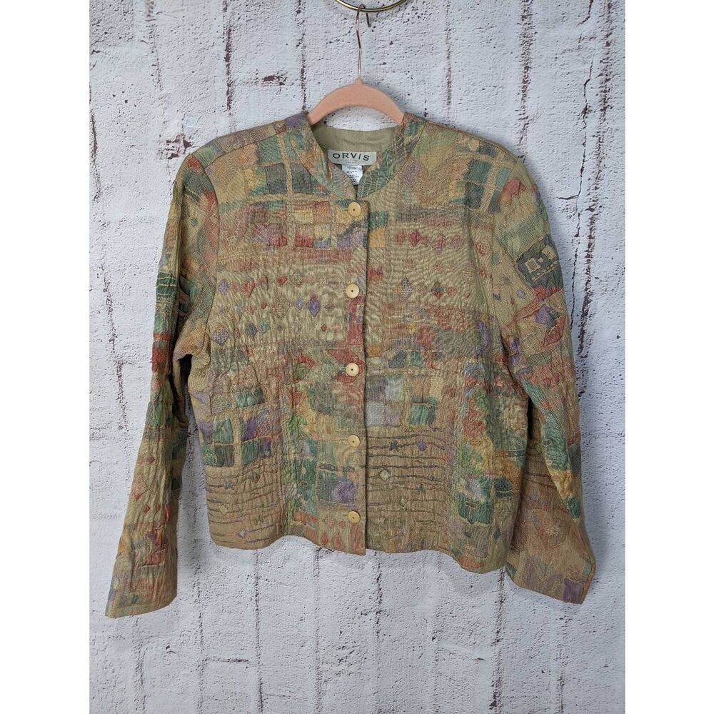 Orvis Vintage Jacket Pastel Geometric Button-up Crinkle Abstract Sz L Large Made